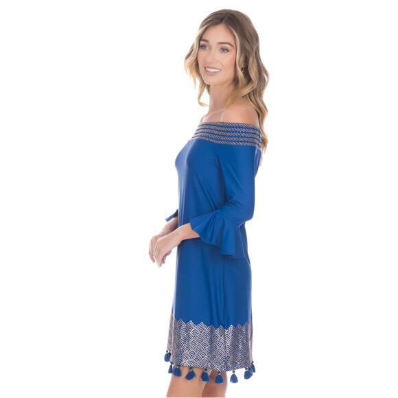 Cabana Life Royal Blues Embroidered Pom-Pom Off-The-Shoulder Dress Size Medium - Picture 13 of 13